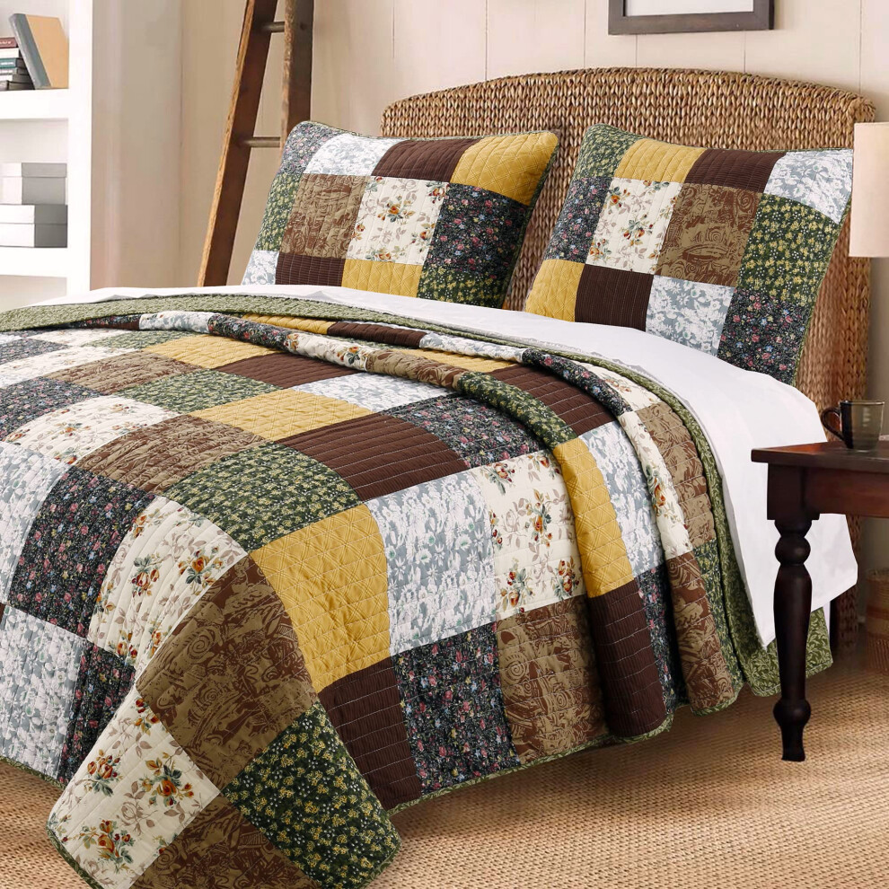 Cozy Line Home Fashions Andy Moutarde Jaune Country Farmhouse V   ritable Ensemble de Literie Patchwork Couvre-lit R   versible 100% Coton (Brun Oliv
