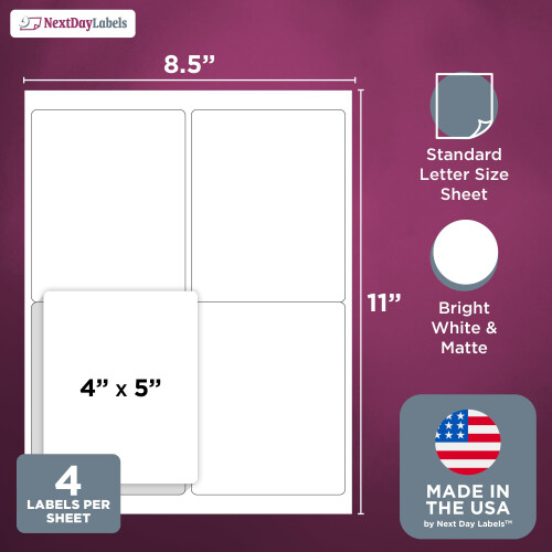 NextDayLabels - 4" x 5" Αυτοκόλλητες Ετικέτες Εκτύπωσης - Λευκές Ετικέτες Ταχυδρομείου (25 Σ 1