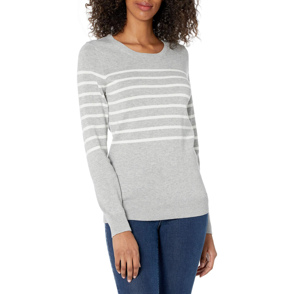 Amazon Essentials Women's Long-Sleeve Lightweight Crewneck Sweater (Available in Plus Size)  Light Grey Heather White Placed Stripe  XX-Large