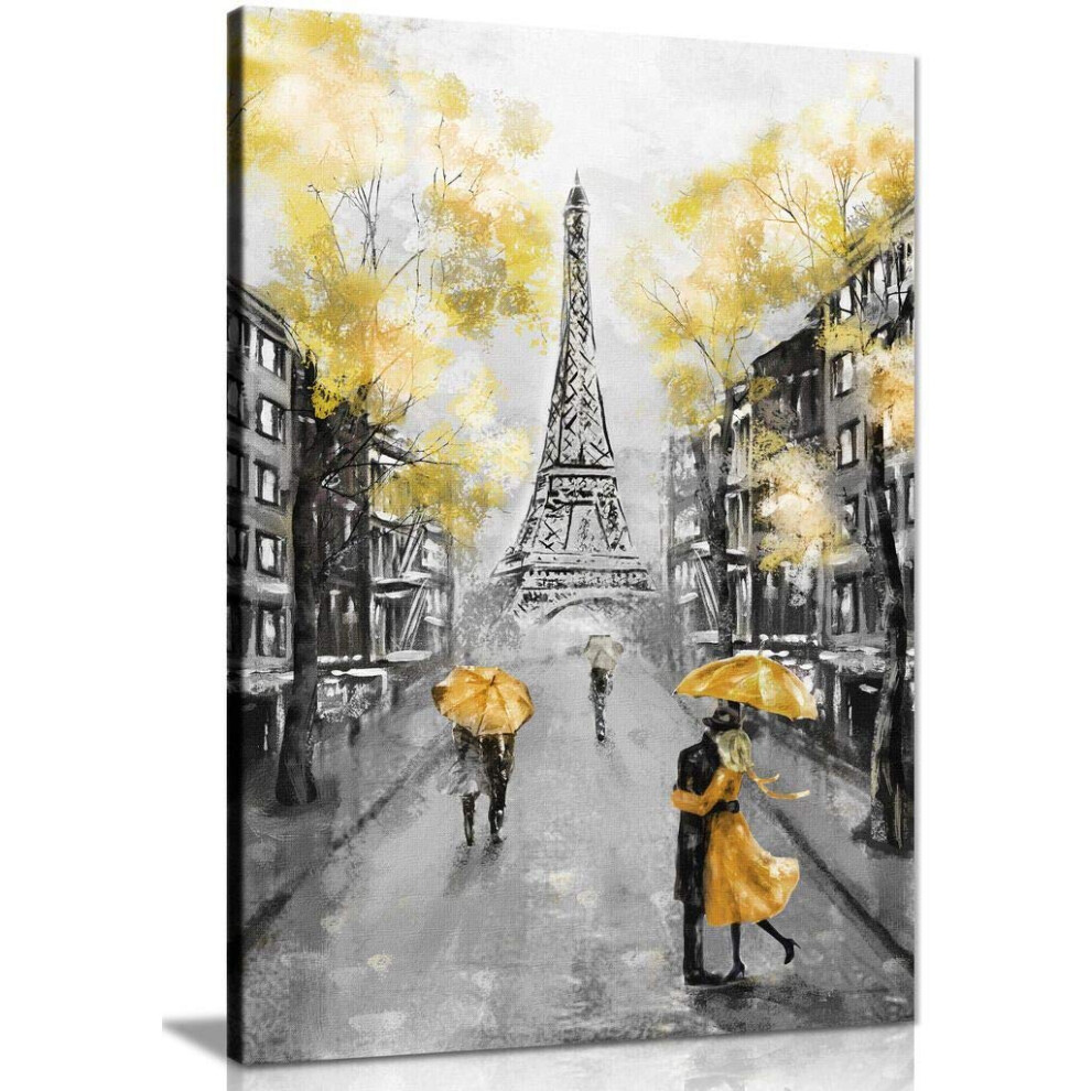 Impression sur toile repr   sentant un paysage parisien jaune, noir et blanc (30 x 20 cm)