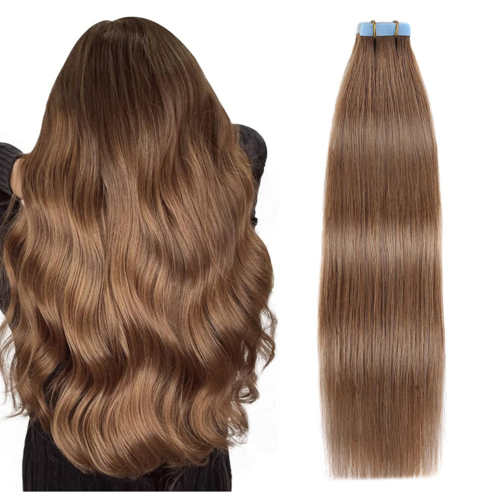Suyya Unisex Brown Tape In Hair Extensions Remy Human Hair Chestnut 14 Inches 40G/Pack 20Pcs Straight Seamless Skin Weft Tape In Extensions(14 Inches #6 Medi