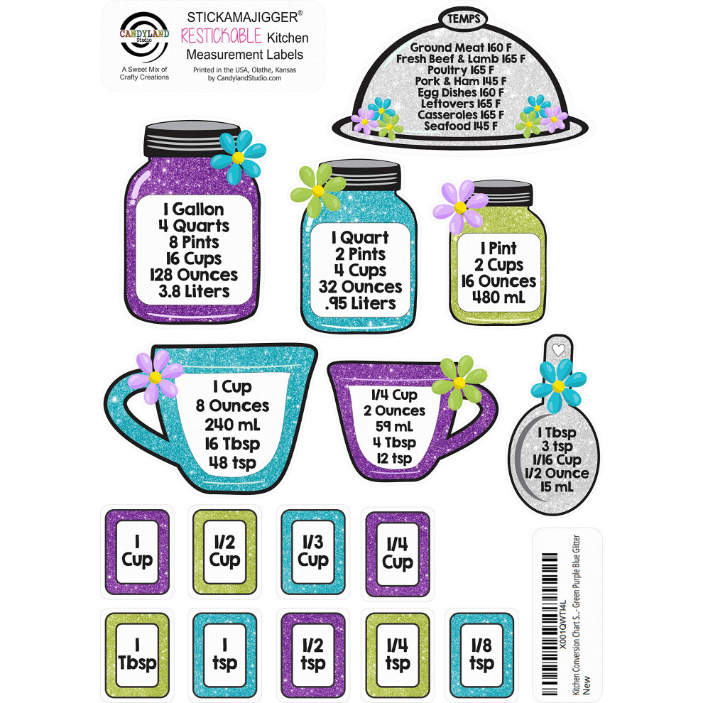 Pegatinas Para Tabla De Conversi N De Cocina - Adhesivos Reutilizables Y Reposicionables - Estampado Con Purpurina Verde, P Rpura Y Azul-image