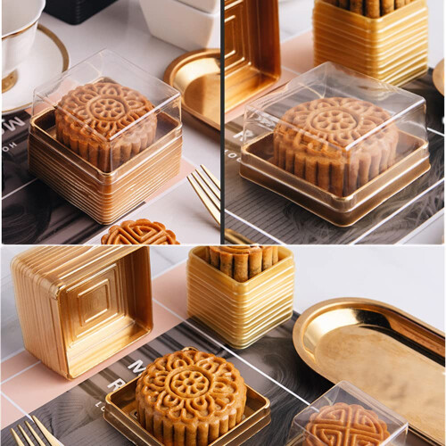 Pack de 50 Caixas Mini de Plástico Transparentes com Fundo Dourado para Bolos 2