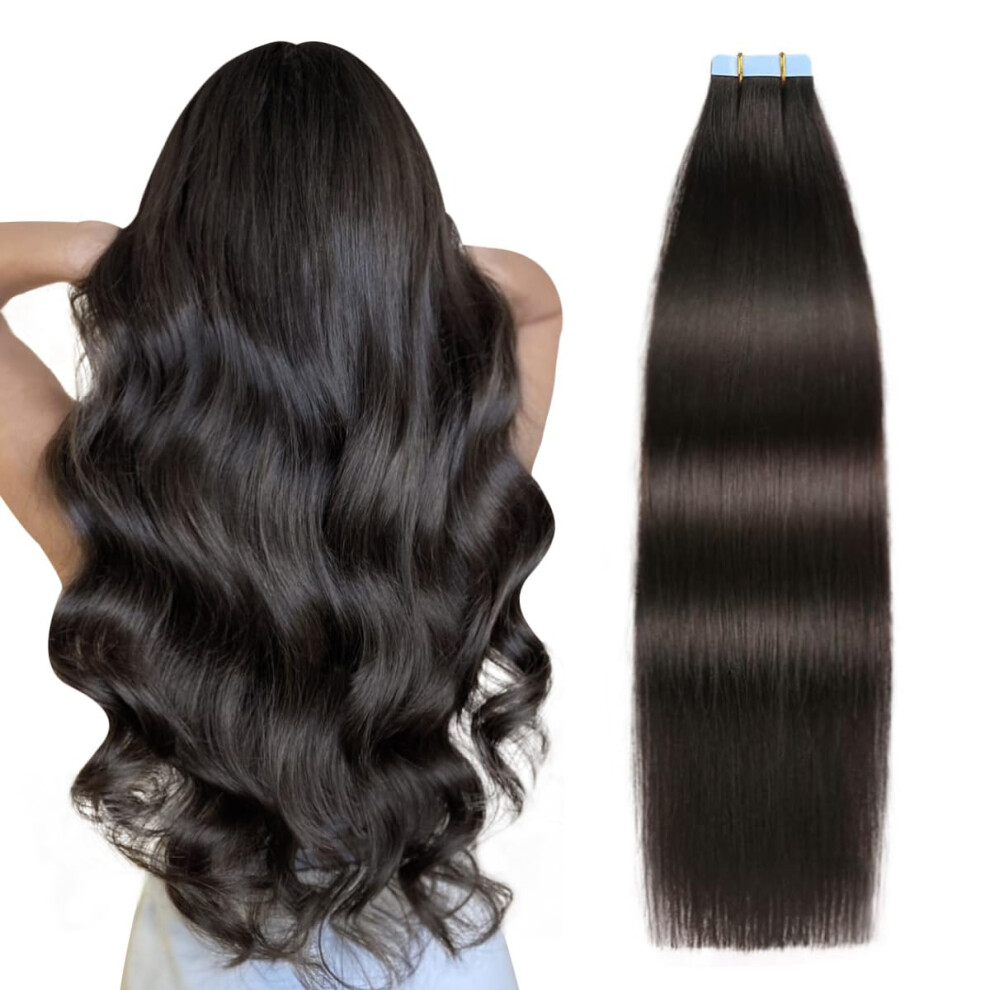 Suyya Unisex Black Tape In Hair Extensions Remy Human Hair 14 Inches 40G/Pack 20Pcs Straight Seamless Skin Weft Natural Tape In Extensions Human Hair(14 Inch