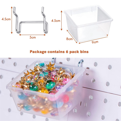6 Pack Pegboard Clear Bins, Bins Hooks, DIY Fit 1/4 -1/8 Peg Board 2