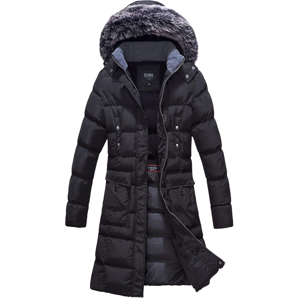 ELORA Heavyweight Women's Vegan Puffer Mid-Length Cargo Coat with Faux Fur Trim Removable Hood Black Large