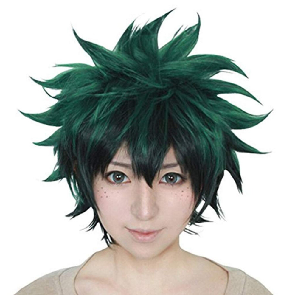 Anogol Peruckenkappe + Kurze Grune Perucke Fur Manner, Dunkelgrune Cosplay-Perucke, Grune Stachelige Perucke Fur Cosplay, Kurze Grune Wellenperuc-image