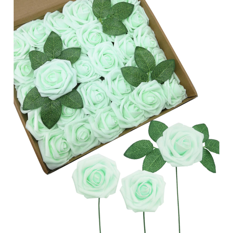 D-Seven Artificial Flowers 30PCS Real Looking Fake Roses with Stem for DIY Wedding Bouquets Centerpieces Party Baby Shower Home Decorations (Mint Gree