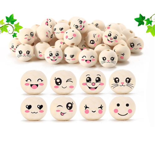 8 styles de perles en bois avec visage souriant 20 mm