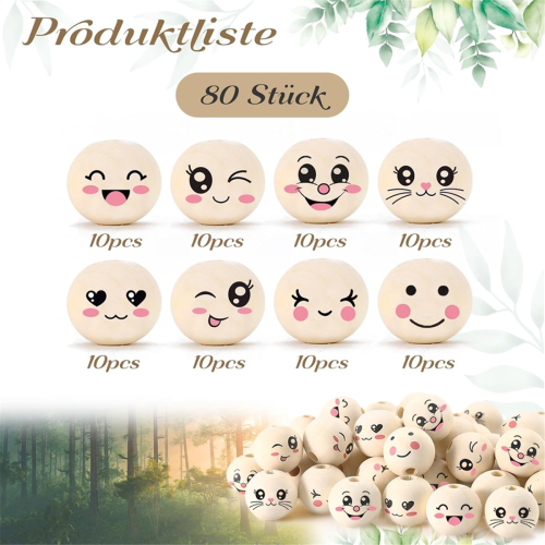 8 styles de perles en bois avec visage souriant 20 mm 1