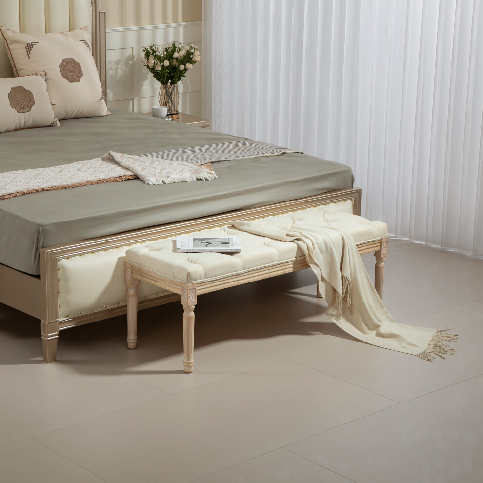 End of Bed Bench Upholstered Foot Stool Linen-Touch Ottoman Cream - Image 4