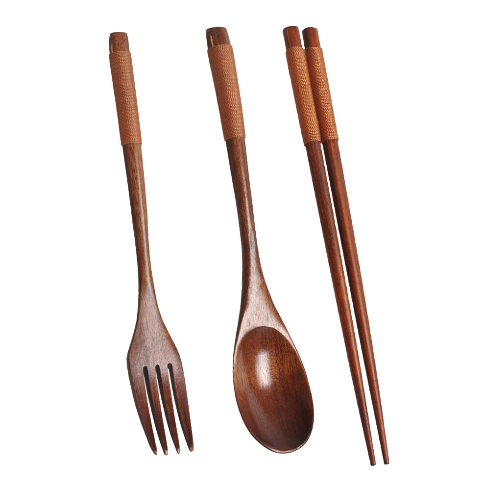 Ensemble de couverts en bois, cuillère, fourchette, baguettes avec fil torsadé kaki