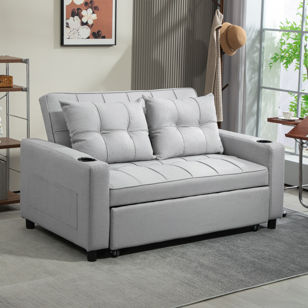 HOMCOM 2 Seater Pull Out Sofa Bed with Pockets for Living Room Light Grey