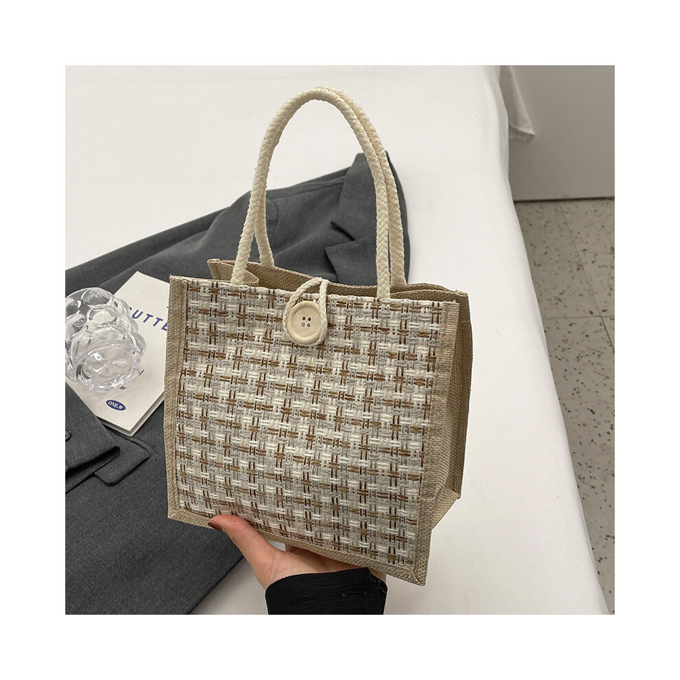 (Beige Button 1) Retro Braided Pattern Jute Tote Bag Large Capacity Grocery Bag Women Handbag Beach Organizer Portable Shopping Bag-image-OPC-PGFHRVD-NEW