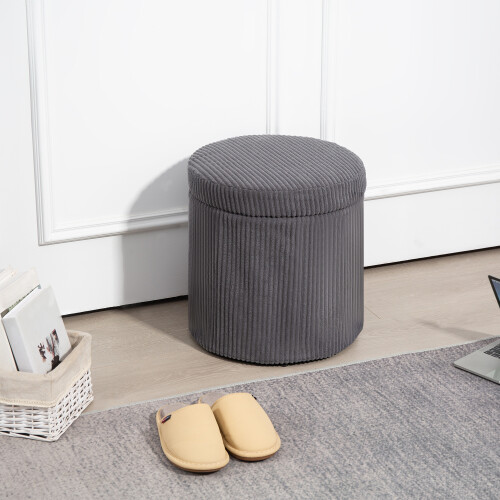 Homcom (Grey) HOMCOM Round Storage Ottoman with Lid, Vanity Stool with Storage