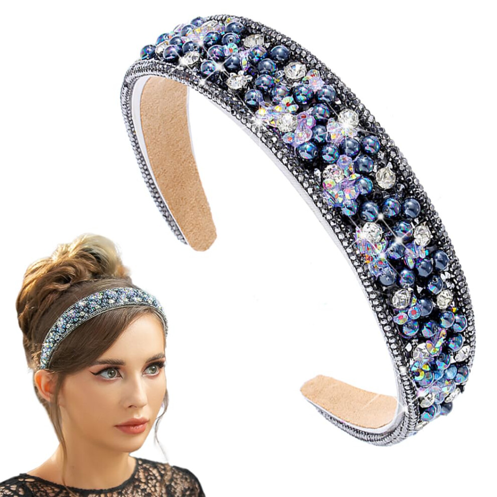 Deladola - Diadema Acolchada Con Diamantes De Imitaci N Para Mujer, Bandana Negra Con Cristales Brillantes, Diadema Con Cuentas Azules, Tocado Pa-image