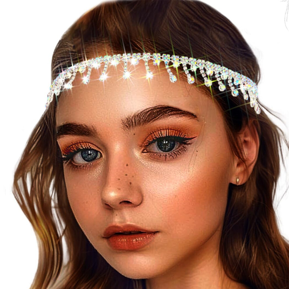 Yokawe Rhinestone Headband Crystal Head Chain Elastic Boho Sparkle Tassel Headpieces For Women(Silver B)