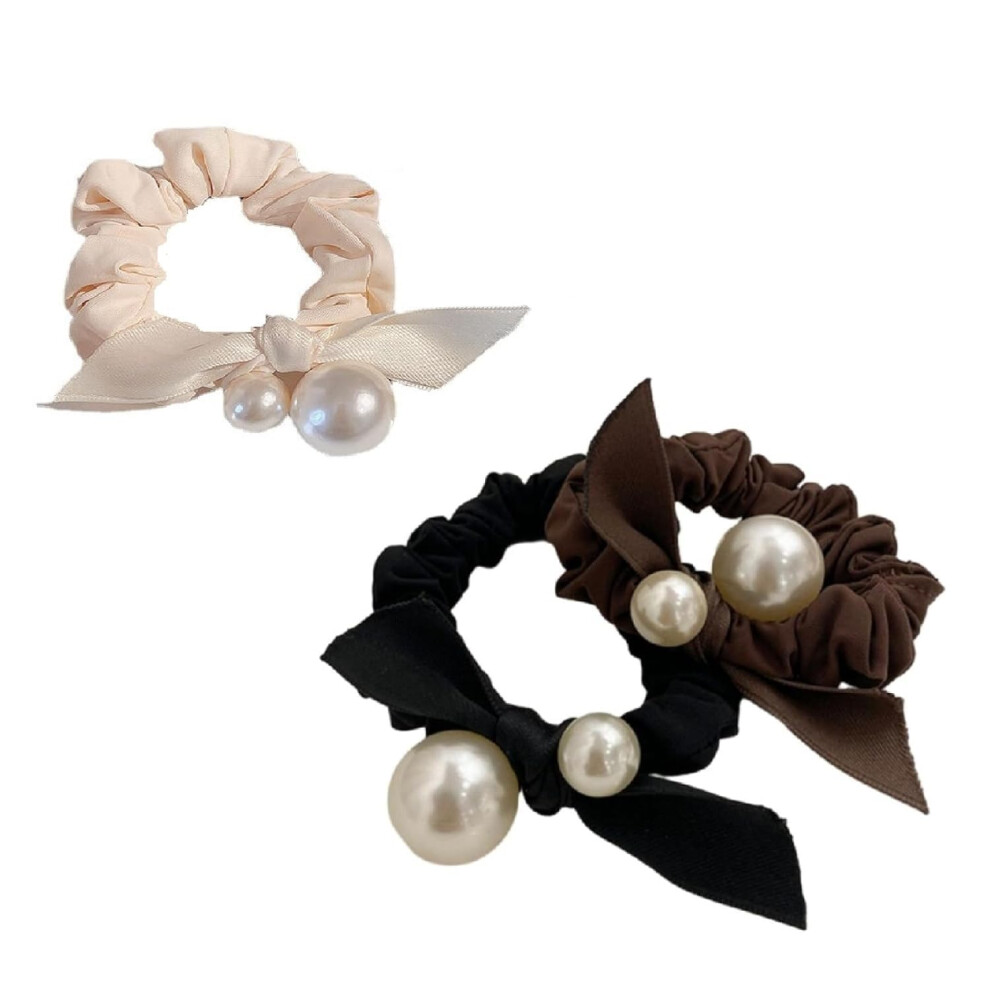 Lot De 3 Chouchous Cheveux En Satin Avec N Ud En Perles Et Oreilles De Lapin, 3 Couleurs, Accessoires Pour Cheveux Pour Femmes Et Filles-image