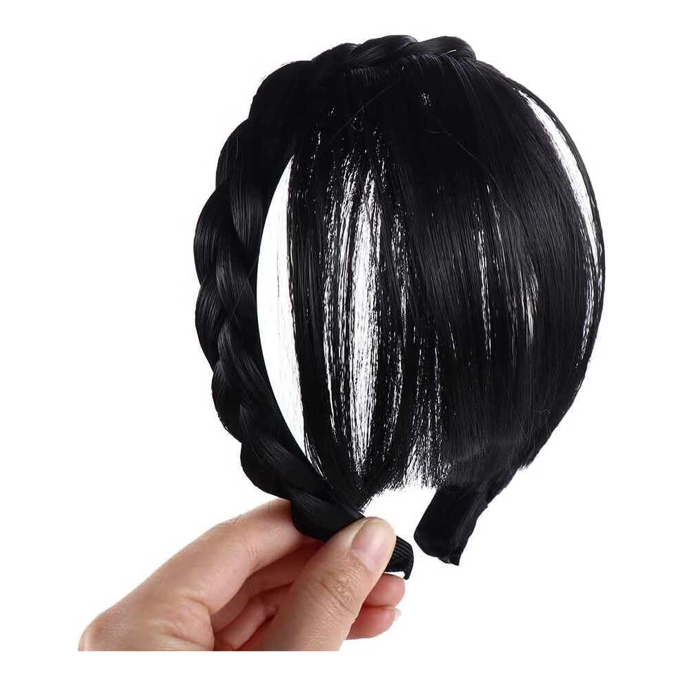 Jinshining Brown And Black Fake Bangs Hairband Women Girls Fringe Bangs With Double Row Braids Headband Hair Extensions Hair Styling Tools Hair Acces
