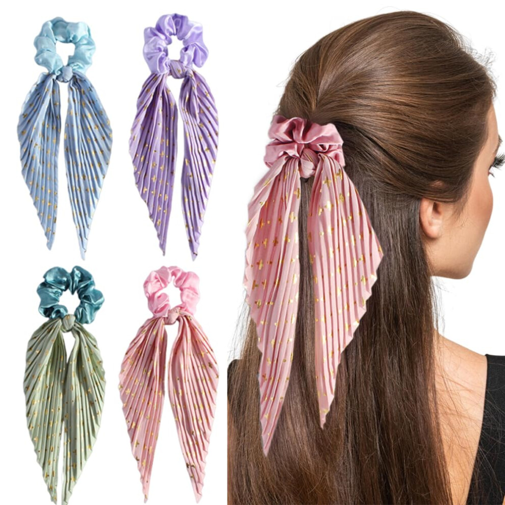 Ouliget Elastici Per Capelli In Raso Setoso, Da Donna, Morbidi E Lucenti, Accessori Per Capelli, Con Fiocco Annodato In Stile BohéMien, 4 Pezzi-image