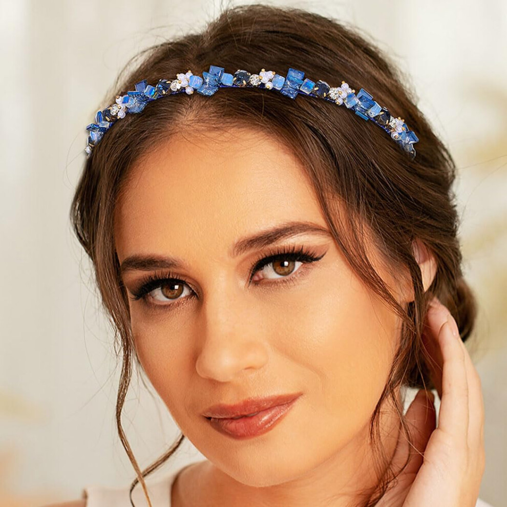 Diadema Con Cristales Azules Antiguos Y Cuentas De Diamantes De Imitaci N Para Fiestas, Graduaciones, Bodas, Tocado De Perlas Hecho A Mano Para M-image