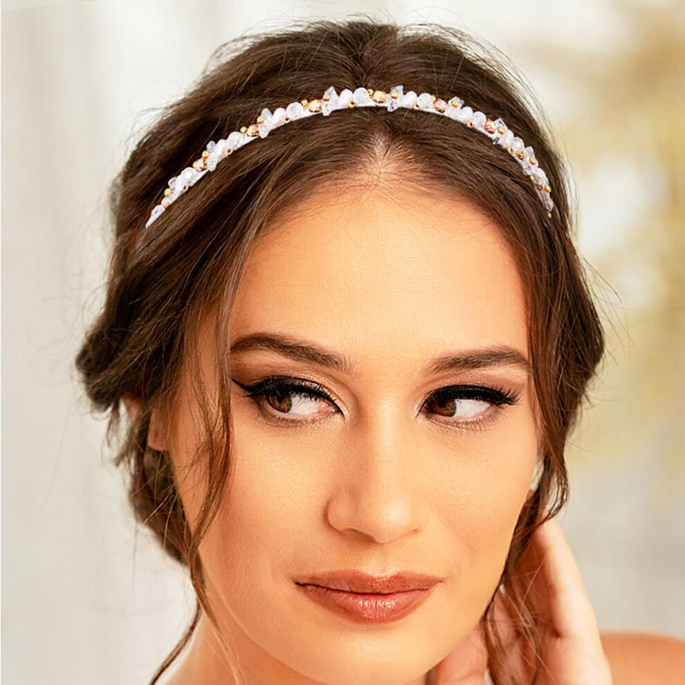 Formery Unisex White Beaded Headband Pearl Crystal Hairband Party Prom Wedding Handmade Rhinestone Beads Headpiece For Women And Girls
