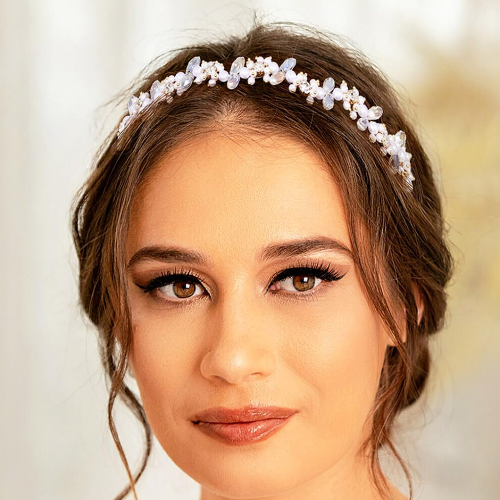 Formery Unisex White Pearl Beaded Headband Crystal Beads Wave Hairband Wedding Party Prom Handmade Crystals Pearls Headpiece For Women And Girls