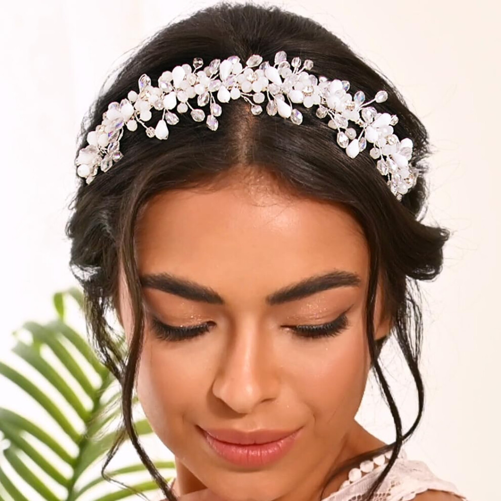 Formery Wei?Es Kristall-Hochzeits-Stirnband, Silberne Kristalle, Blumen, Braut-Kopfschmuck, Abschlussball, Party, Handgefertigt, Strass, Braut-Haarsch-image