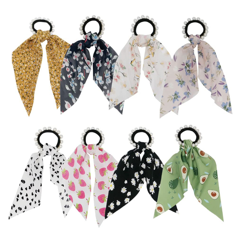 GETACOTA Lot de 8 élastiques à cheveux avec perles, nœud papillon, ruban en mousseline de soie, motif nœud d'oreille, chouchous, foulard vintage,