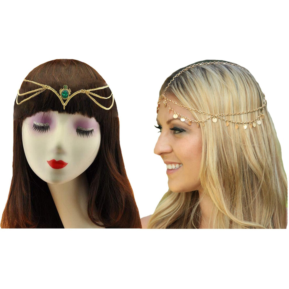 Wlbon 2 Pcs Gold Head Chain Sequins Rhinestone Headband Crystal Bohemian Hair Bands Hoops Halloween Women Bridal Boho Indian Hippie Hairband Headpiece Cospl