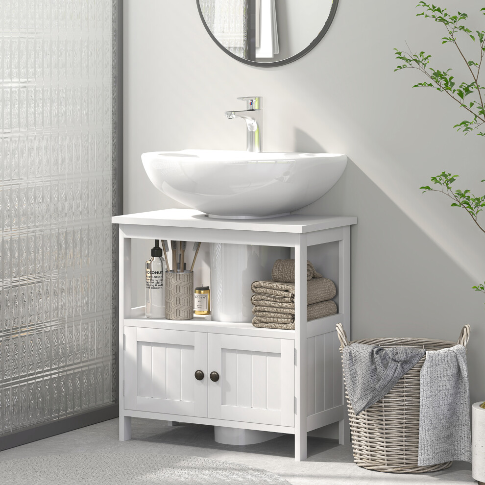 kleankin Bathroom Pedestal Under Sink Cabinet with Storage Shelves, Door, White