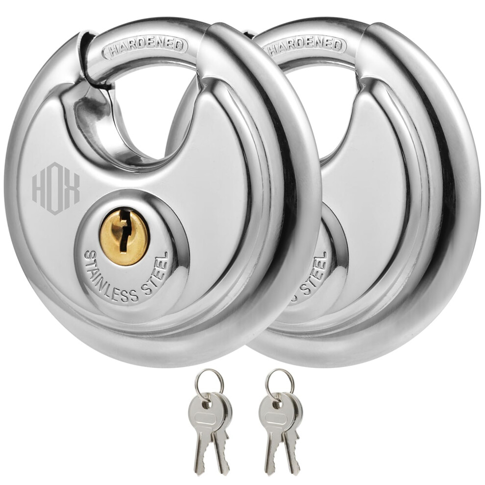 HOX Keyed Disc Padlock  Stainless Steel Keyed-Alike Padlocks  2-Pack Heavy Duty Locks  Waterproof Outdoors Lock with 3/8 Inch Shackle  2-3/4 Inch Wide-image-OPC-PGFJRSJ-NEW