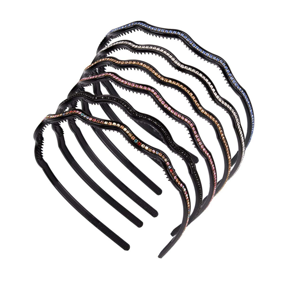 Confezione Da 6 Fasce Per Capelli Ondulate Strette Con Strass E Dentini - Cerchietto Per Capelli Alla Moda Da Donna, Accessorio Per Capelli (Colo-image