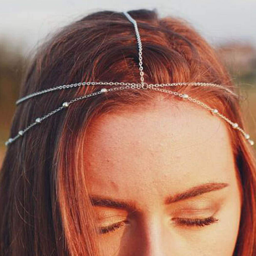 Chicque Boho Head Chain Layered Head Jewelry Silver Headpiece Bead Hair Chain Wedding Festival Hair Accessories For Women And Girl