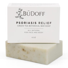 BUDOFF Psoriasis Treatment Relief Bar Soap | Soothing Green Tea Botanical and Shea Butter | for Face and Body | Moisturizing 6 Oz Bar Soap | Acne