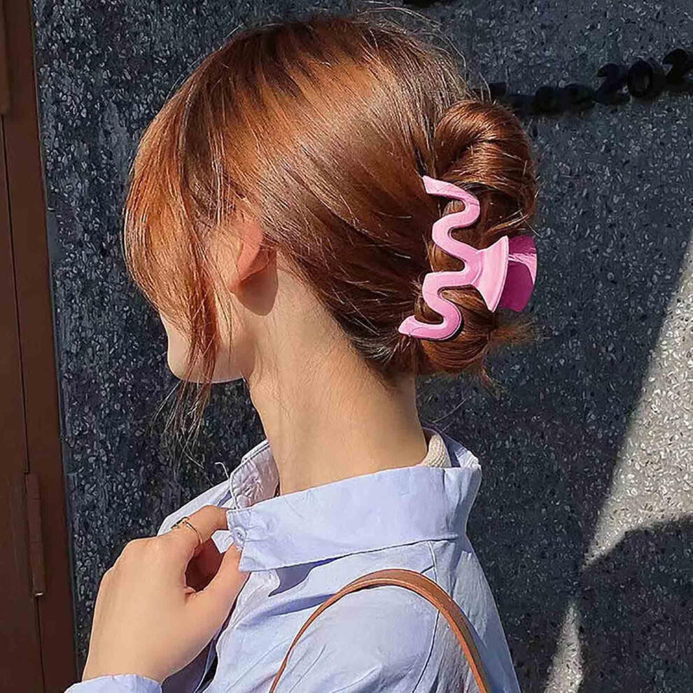 Jugielu Unisex Pink Large Hair Claw Clips Acrylic Wavy Claw Clips Matte Plastic Hairclip Large Hollow Hair Barrette Nonslip Thick Hair Clips Accessories