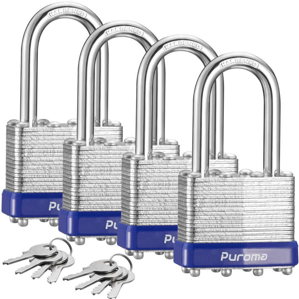 Puroma Lock Lot de 4 cadenas robustes à anse longue de 1-1/2 po avec 8 clés 40 mm en acier trempé à clés identiques pour abris de jardin, portail