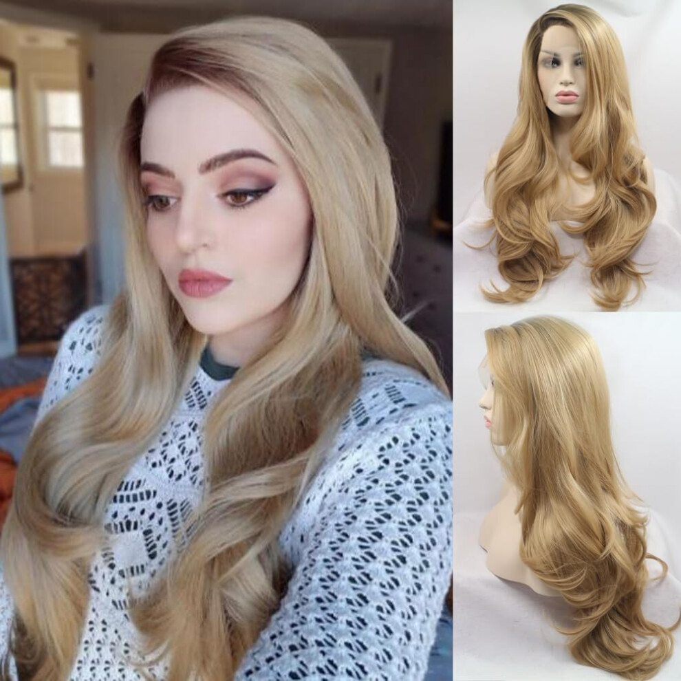 Melody Wig Unisex Brown Synthetic Blonde Lace Front Wigs With Roots Long Body Wave Hair Long Side Part Ombre Blonde Wigs