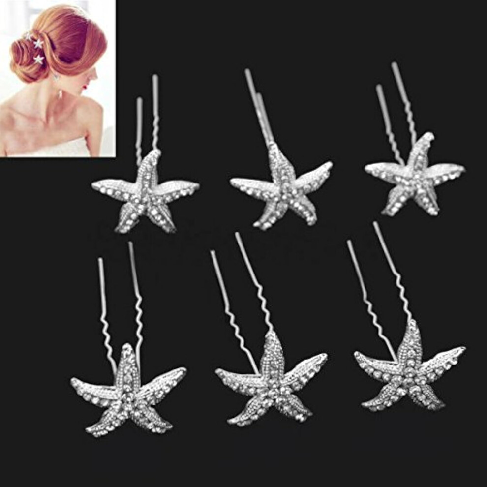 AKOAK Lot de 6   pingles    cheveux en cristal argent   en forme d'  toile de mer