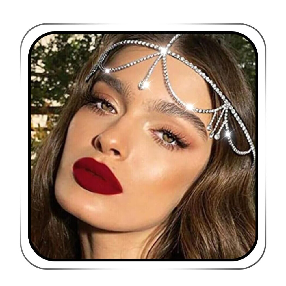 Jeairts Rhinestone Head Chain Silver Crystal Tassel Wedding Headpiece Chains Sparkly Bridal Forehead Hair Dress Halloween Prom Jewelry Accessories For
