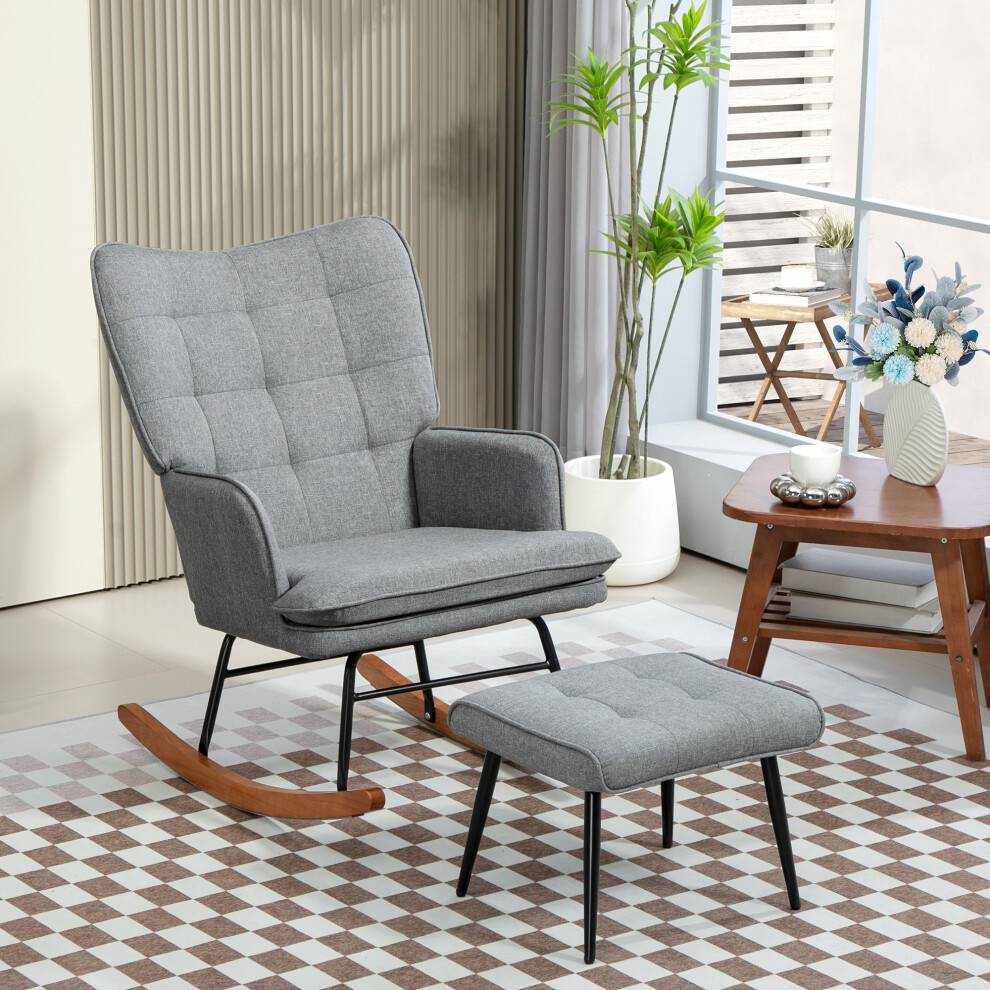 HOMCOM Rocking Chair with Footstool Fabric Wingback Chair for Bedroom Grey-image-OPC-PF8TGG6-NEW