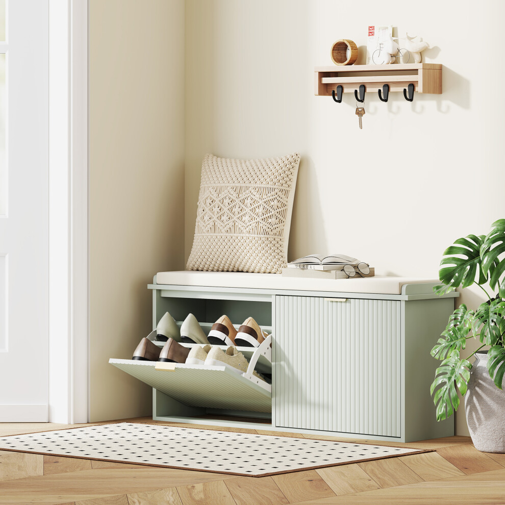 Homcom (Green) Shoe Storage Bench With Cushion And Flip-Drawer 104X26x47.5cm