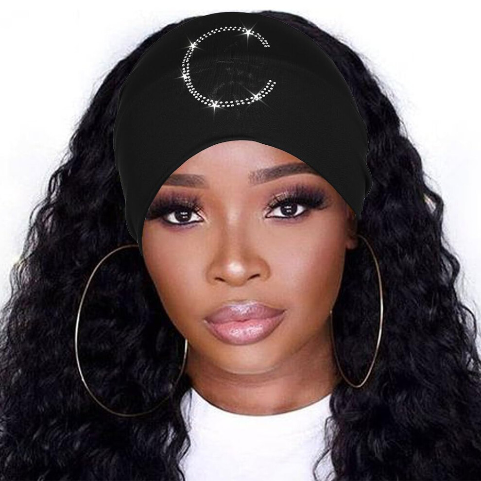 CAKURE Bandeau large noir en cristal avec lettres,   lastique pour cheveux, accessoire pour cheveux extensible pour femmes et filles (C Noir)