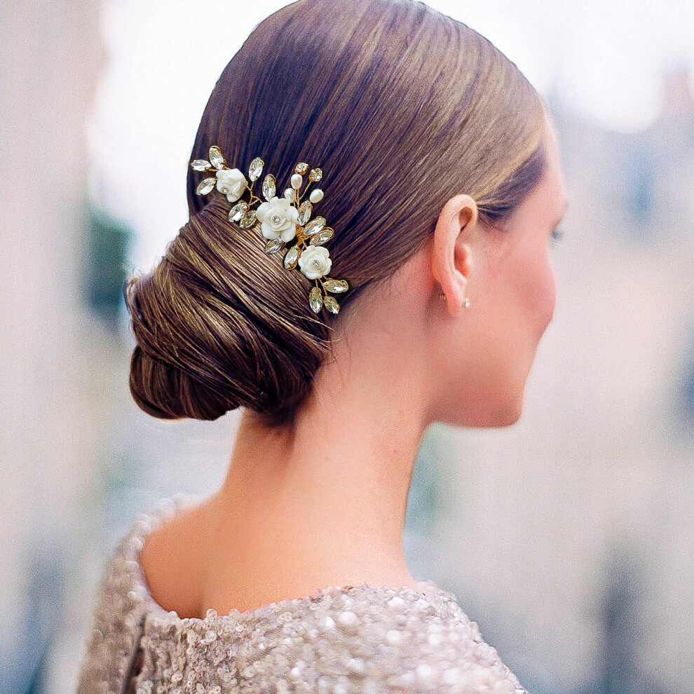 Peineta De Novia Sooshin Con Flor De Porcelana Y Perla, Accesorio Para El Cabello De Boda, Tocado De Cristal Para Novia Y Damas De Honor, Accesor-image