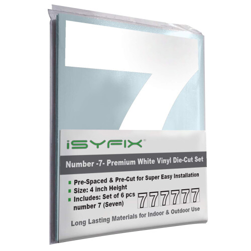 iSYFIX White Vinyl Number 7 (Seven) Stickers - 6 Pack 4 inch Self ...