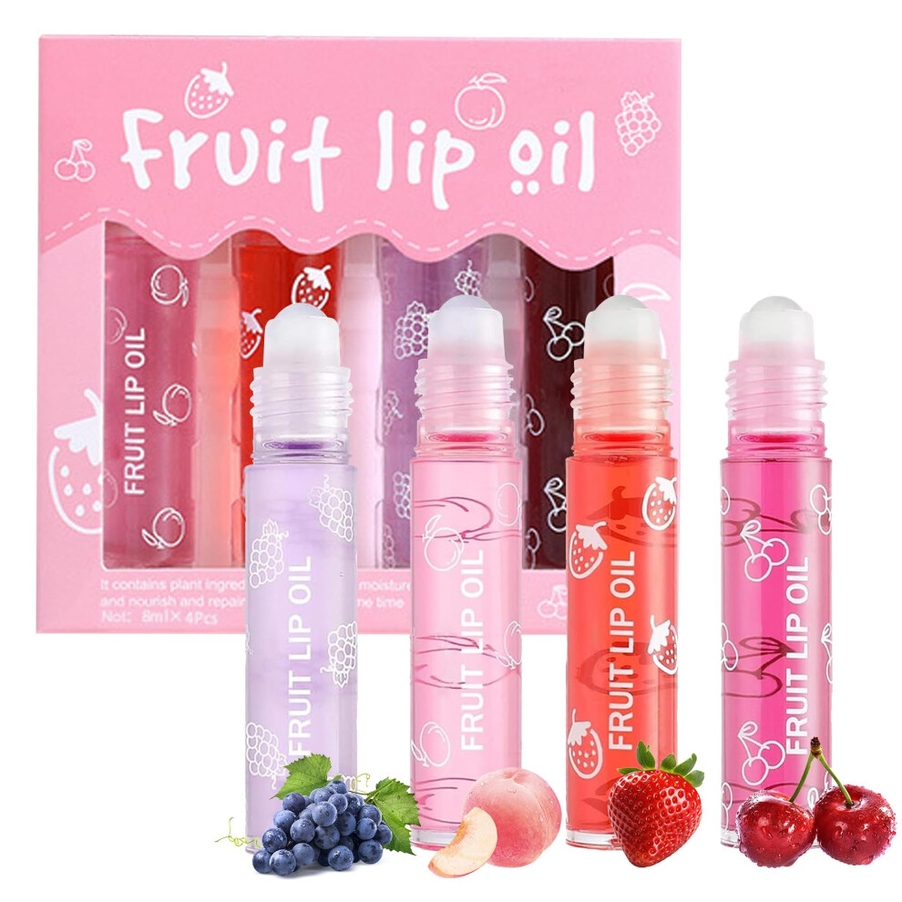 Pppanyidi 4Pcs Roll On Lip Oil Set Moisturizing Transparent Lip Glow Oil Fruit Flavored Hydrating Roll On Plumping Lip Gloss Glossy Set Long Lastin
