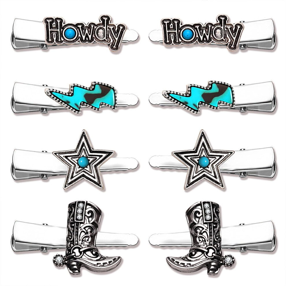 Lot de 8 pinces     cheveux turquoise style western pour femme, style cowboy, cowgirl, bottes,    toile turquoise, foudre, cactus, accessoires vintag