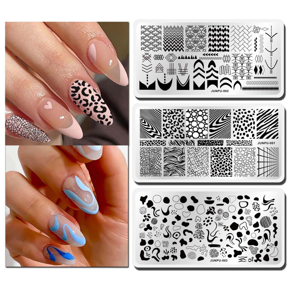 Junpu French Nail Stamping Plate - 3Pcs Metal Nail Stamp Plates Set For Nails Art Design Geometric Leopard Print Abstract Stripes Swirl Line Graffiti Plaid