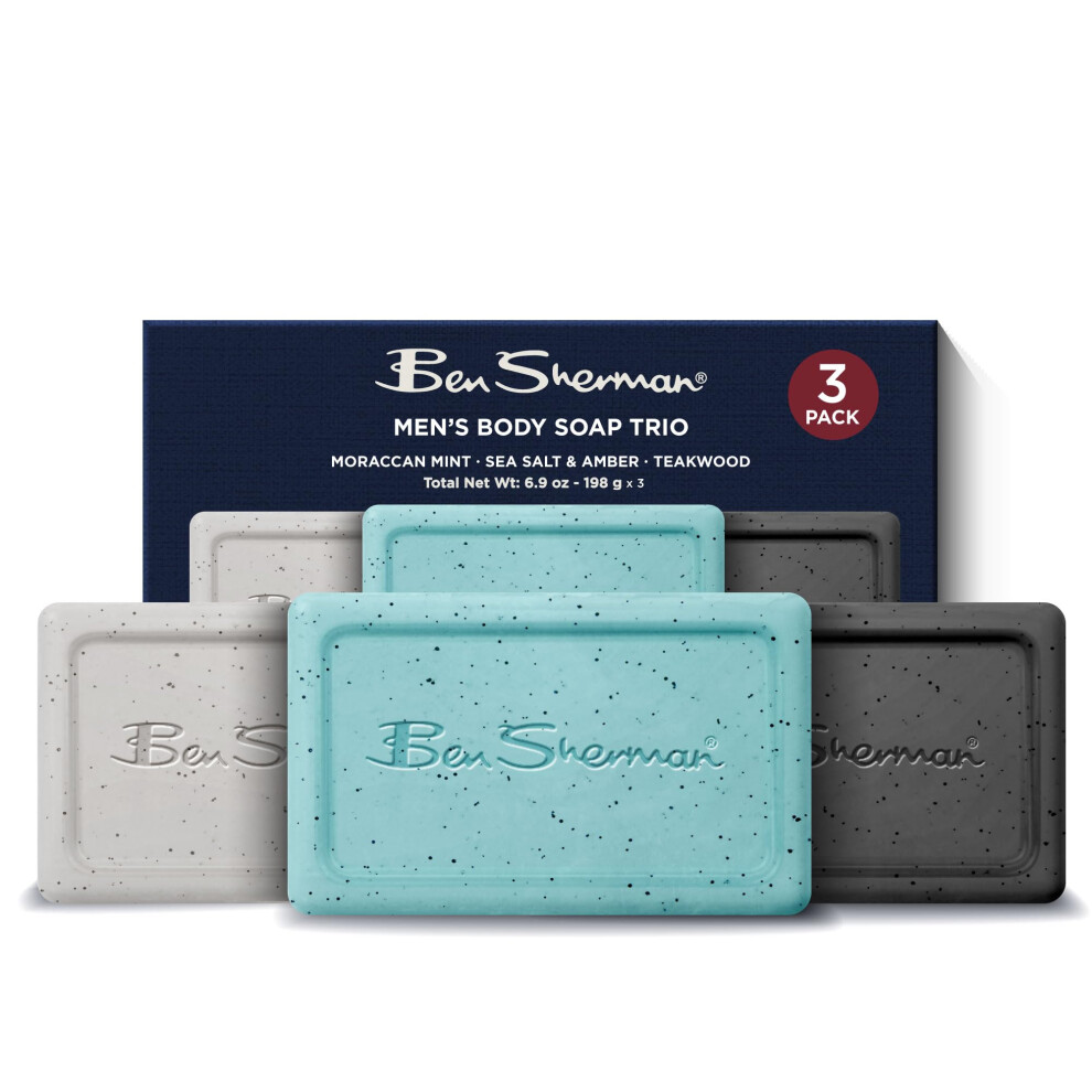 Ben Sherman Bar Soap for Men 3 Pack Men's Bar Soap  Exfoliating Body Soap Bars - Mint  Sea Salt & Amber  Teakwood