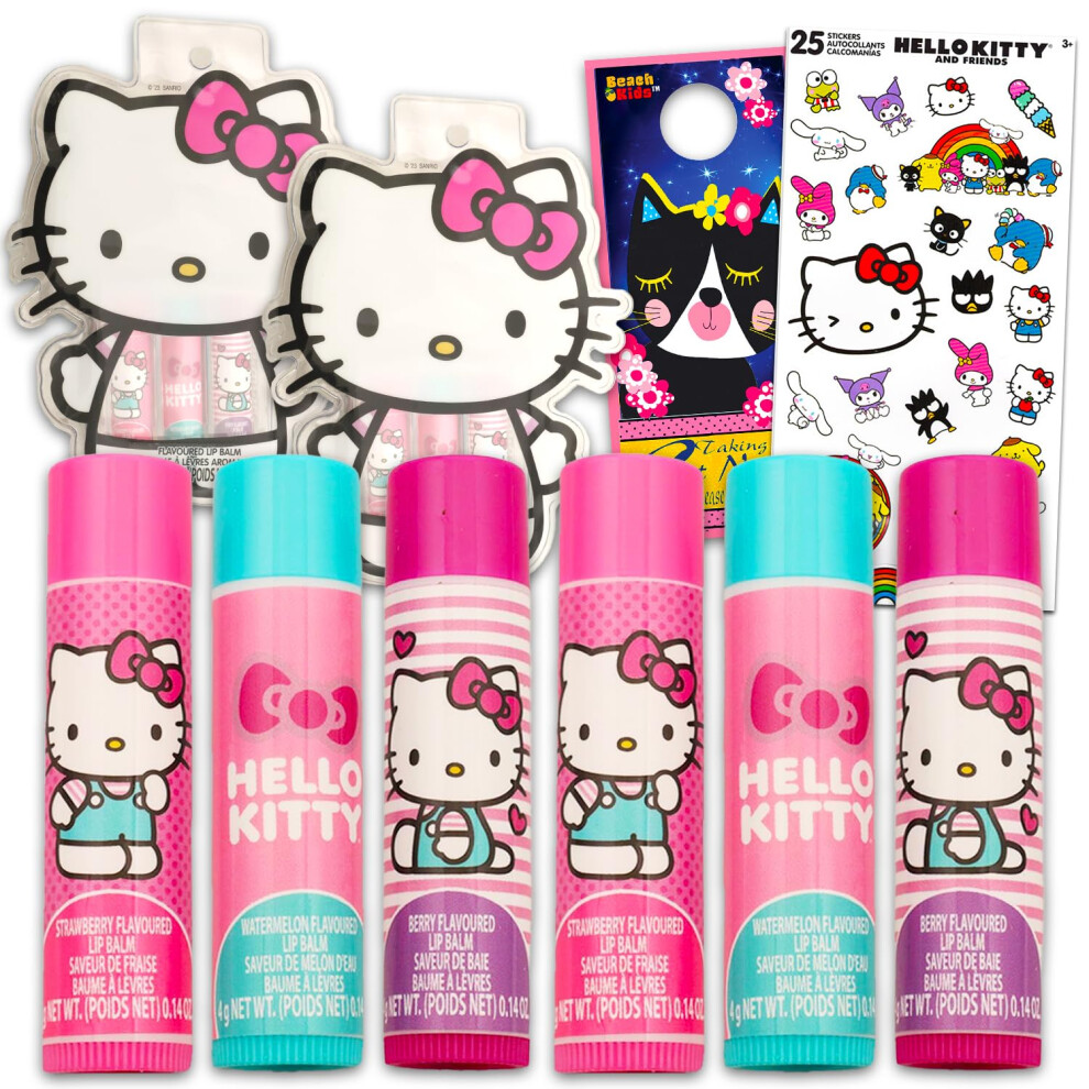 Hello Kitty Lip Balm Tubes - Bundle with 6 Hello Kitty Lip Balms in Assorted Flavors for Party Favors Plus Hello Kitty Stickers  More | Hello Kitty Pa